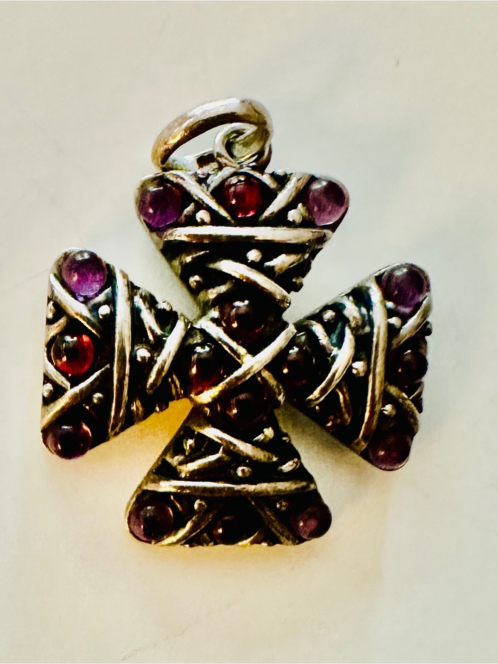Maltese Cross Pendant Silver Victorian Gothic Faux Amethyst Garnet Stones